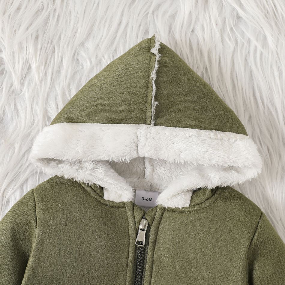 Baby Boy/Girl Thermal Suede Spliced Fuzzy Hooded Long-sleeve Zipper Jacket Dark Green big image 4