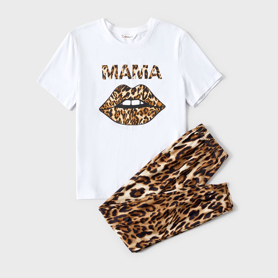 Mommy and Me Cotton Short-sleeve Lips & Letter Print T-shirts and Leopard Pants Sets ColorBlock big image 2
