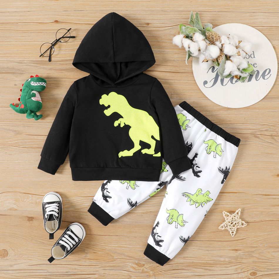 2pcs Baby Boy Dinosaur Print Long-sleeve Hoodie and Sweatpants Set ColorBlock big image 1