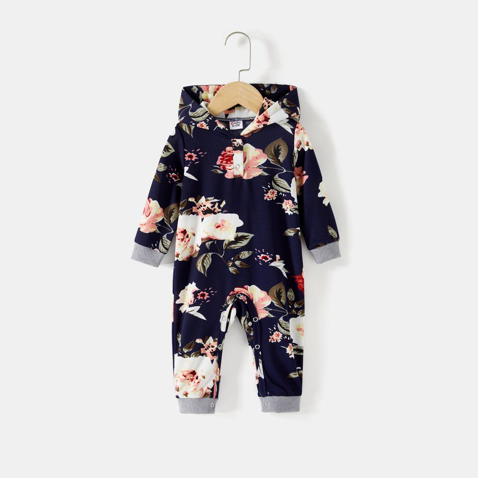 Mommy and Me Allover Floral Print Long-sleeve Drawstring Hoodie Dresses Tibetanblue big image 7