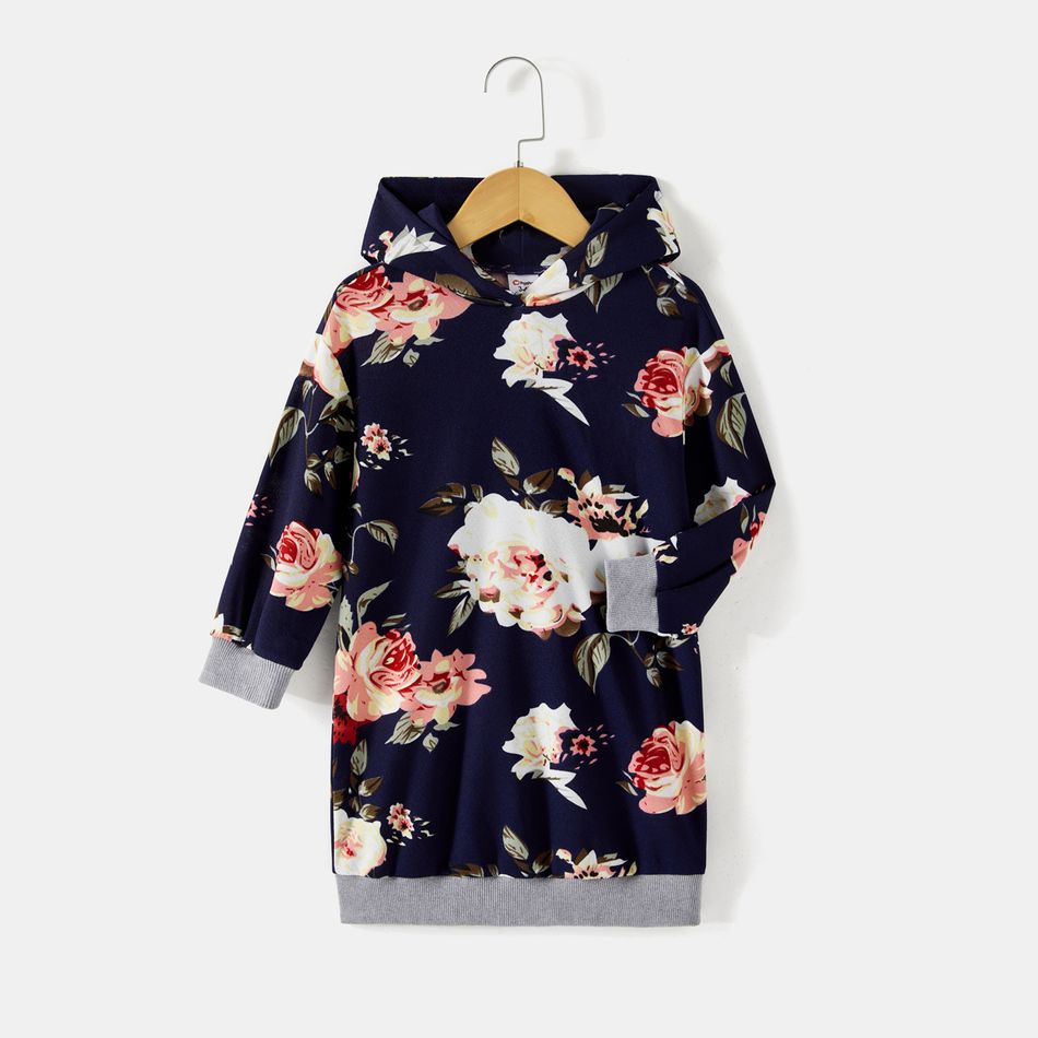 Mommy and Me Allover Floral Print Long-sleeve Drawstring Hoodie Dresses Tibetanblue big image 5