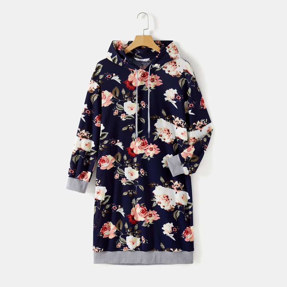 Mommy and Me Allover Floral Print Long-sleeve Drawstring Hoodie Dresses Tibetanblue big image 2