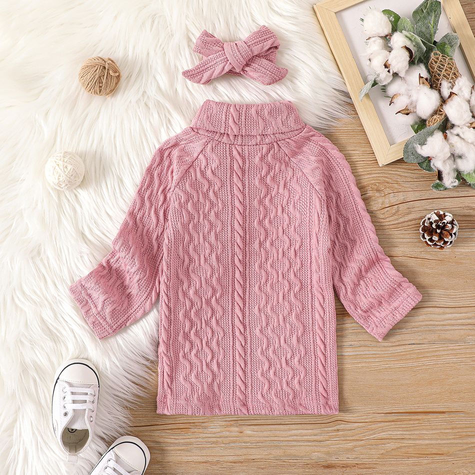 2pcs Baby Girl Solid Turtleneck Long-sleeve Knitted Sweater Dress with Headband Set Pink big image 3