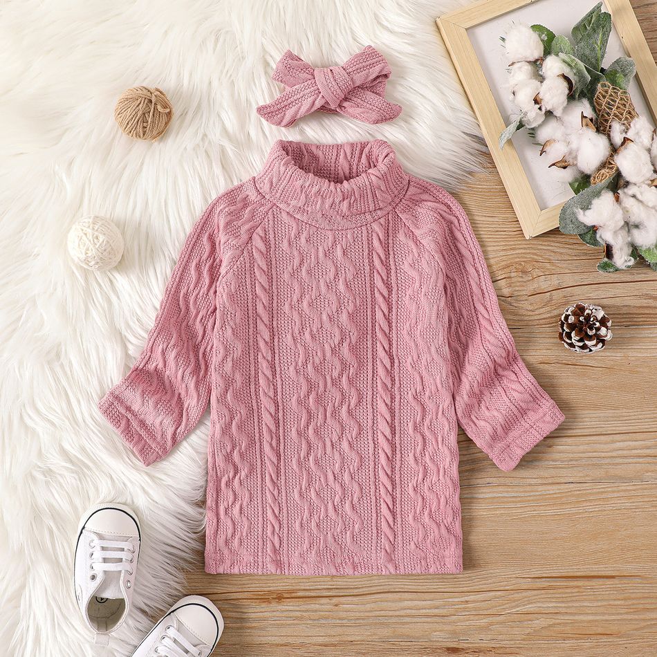 2pcs Baby Girl Solid Turtleneck Long-sleeve Knitted Sweater Dress with Headband Set Pink big image 1