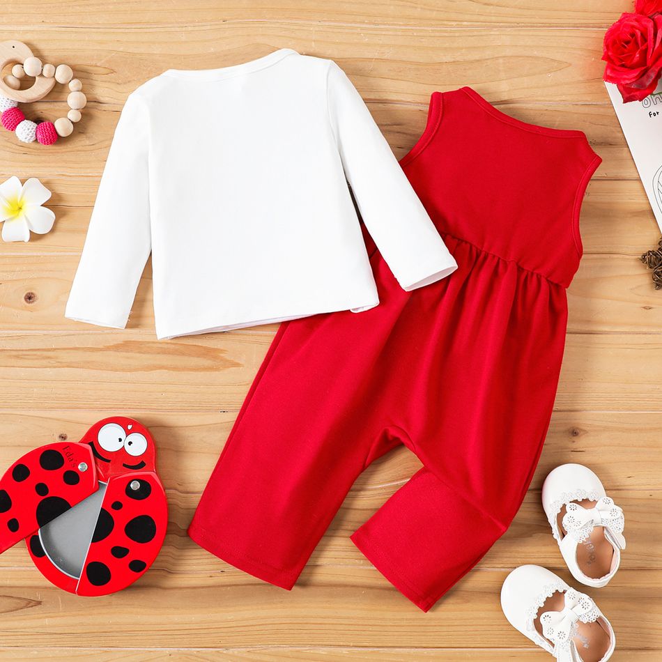 2pcs Baby Girl Letter & Ladybug Print Long-sleeve Tee and Tank Jumpsuit Set REDWHITE big image 2