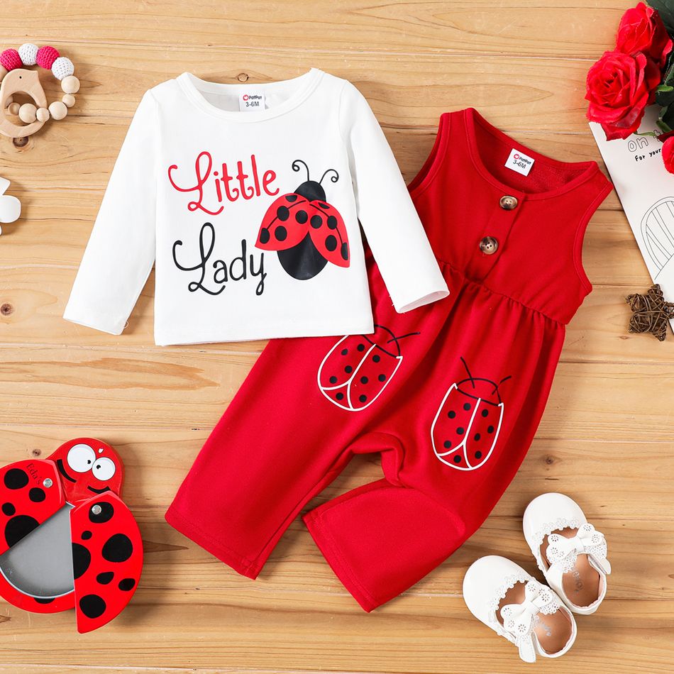 2pcs Baby Girl Letter & Ladybug Print Long-sleeve Tee and Tank Jumpsuit Set REDWHITE