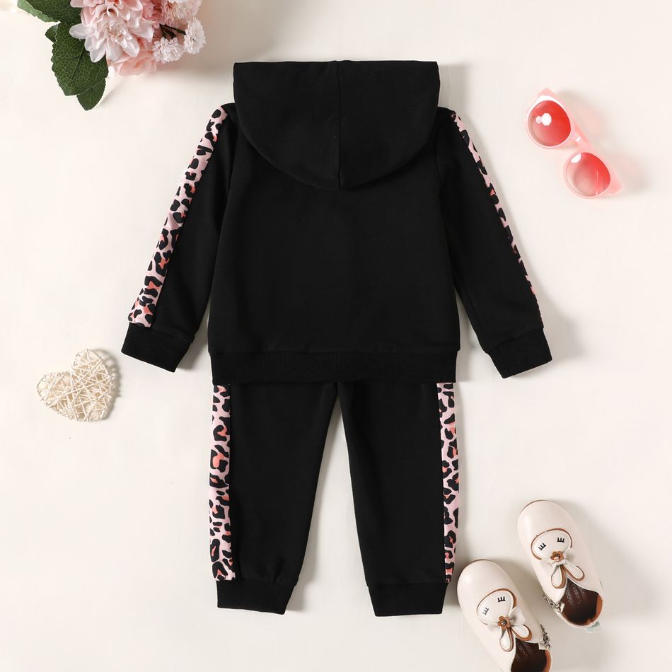 2pcs Toddler Girl/Boy Letter Leopard Print Hoodie Sweatshirt and Elasticized Pants Set Black big image 2