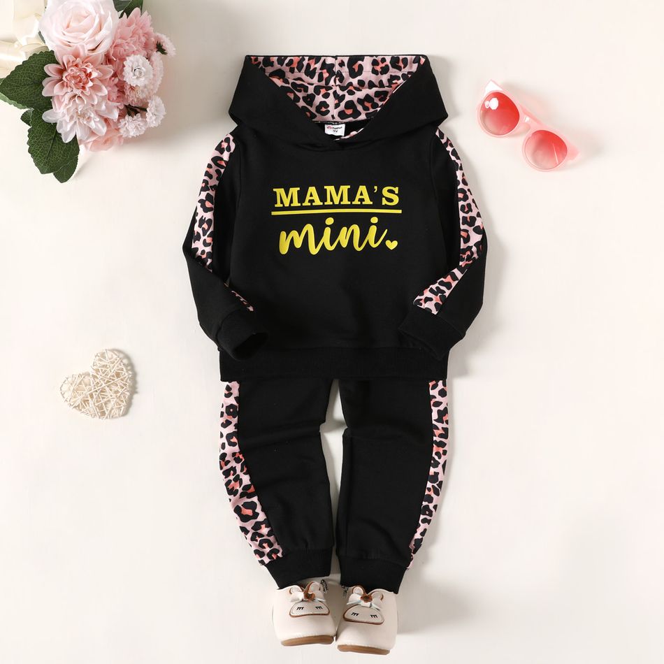 2pcs Toddler Girl/Boy Letter Leopard Print Hoodie Sweatshirt and Elasticized Pants Set Black big image 1