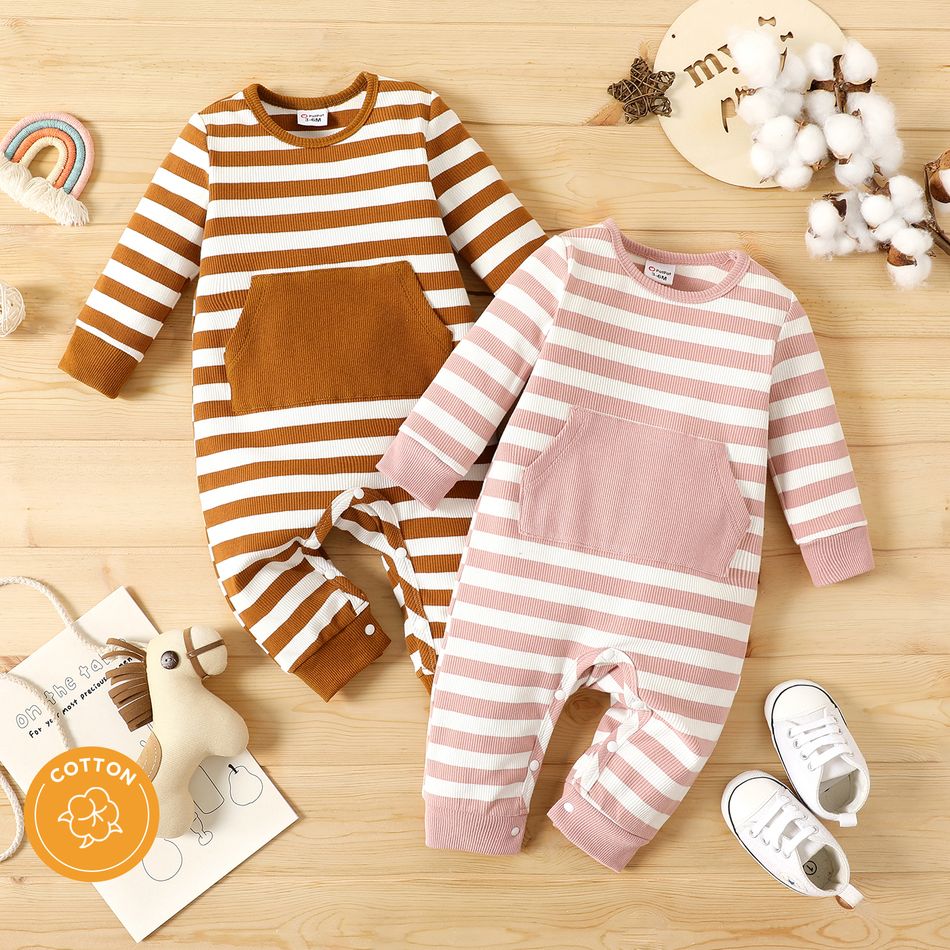 Baby Boy/Girl 95% Cotton Ribbed Striped Long-sleeve Jumpsuit with Pocket Brown big image 2