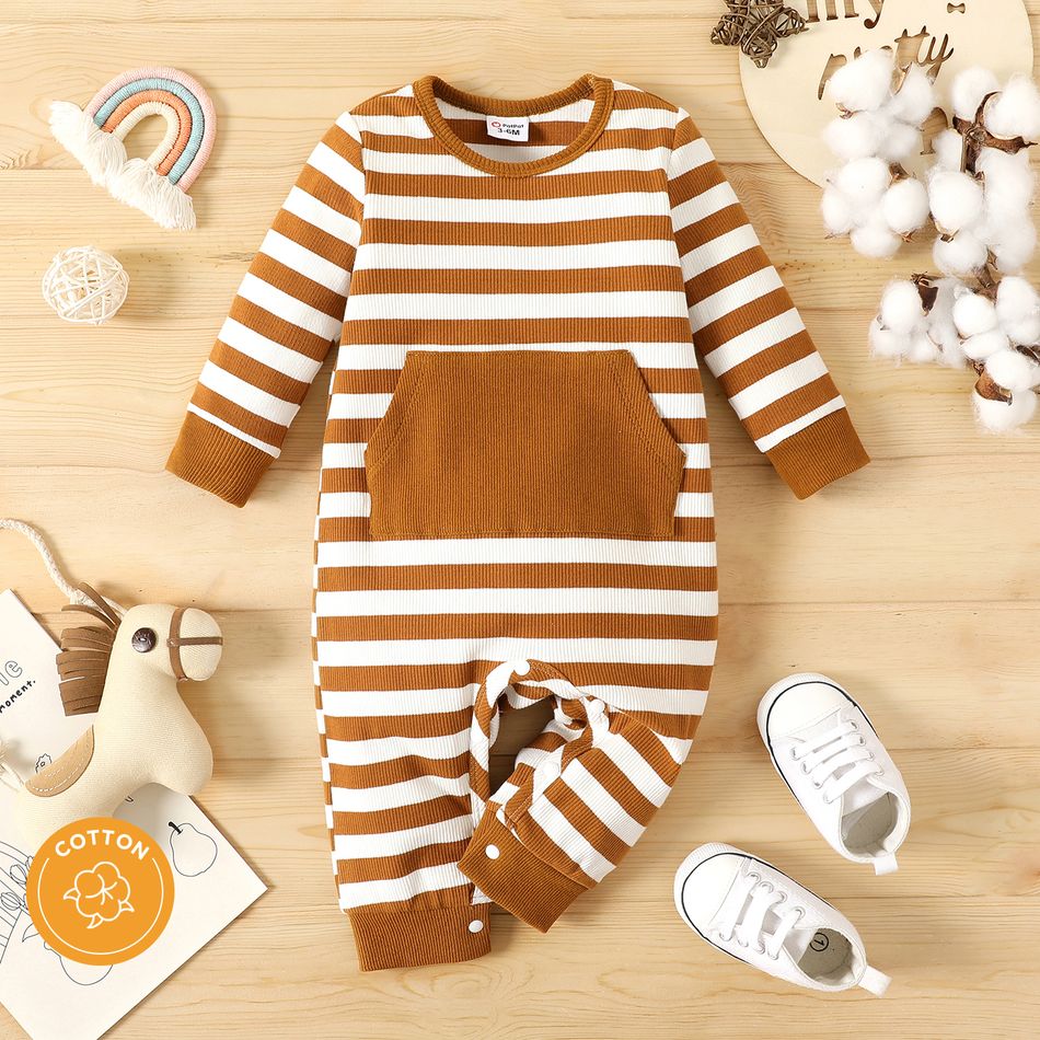 Baby Boy/Girl 95% Cotton Ribbed Striped Long-sleeve Jumpsuit with Pocket Brown