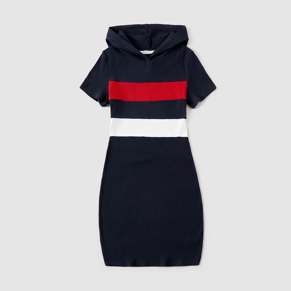 Family Matching Colorblock Ribbed Hooded Bodycon Dresses and Short-sleeve T-shirts Sets Color block big image 2