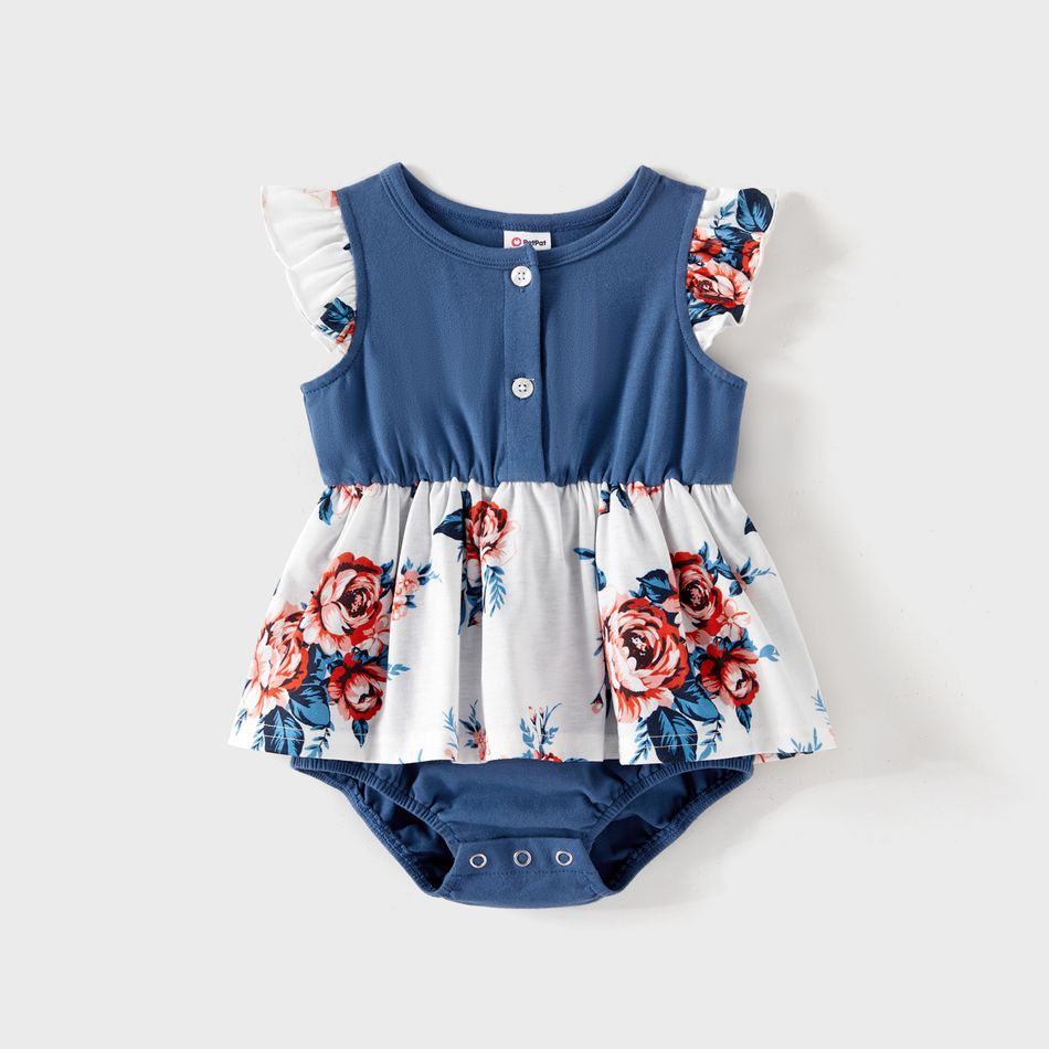 Family Matching Cotton Short-sleeve Floral Print Spliced Dresses and Striped Colorblock T-shirts Sets Blue grey big image 7