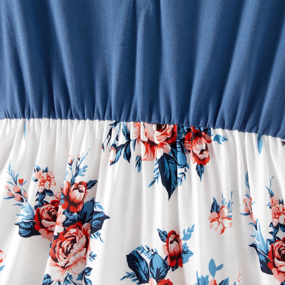 Family Matching Cotton Short-sleeve Floral Print Spliced Dresses and Striped Colorblock T-shirts Sets Blue grey big image 5