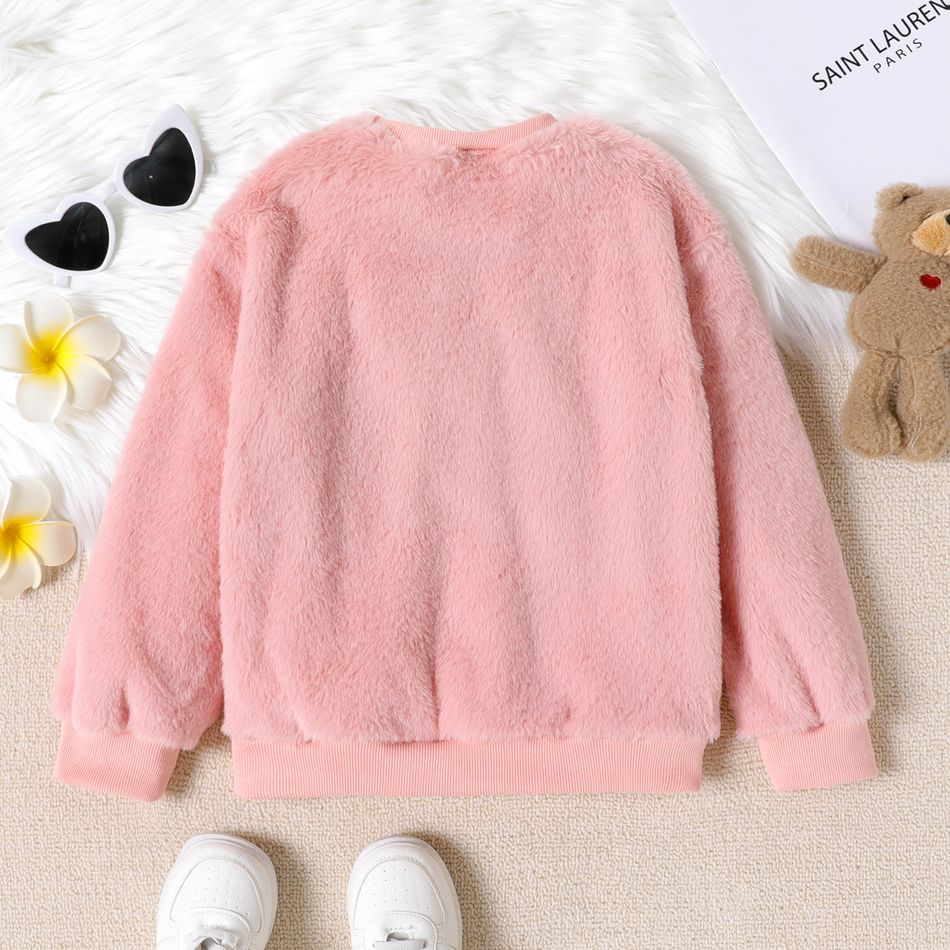Kid Girl Bear Embroidered Sequined Fuzzy Fleece Sweatshirt Dark Pink big image 2