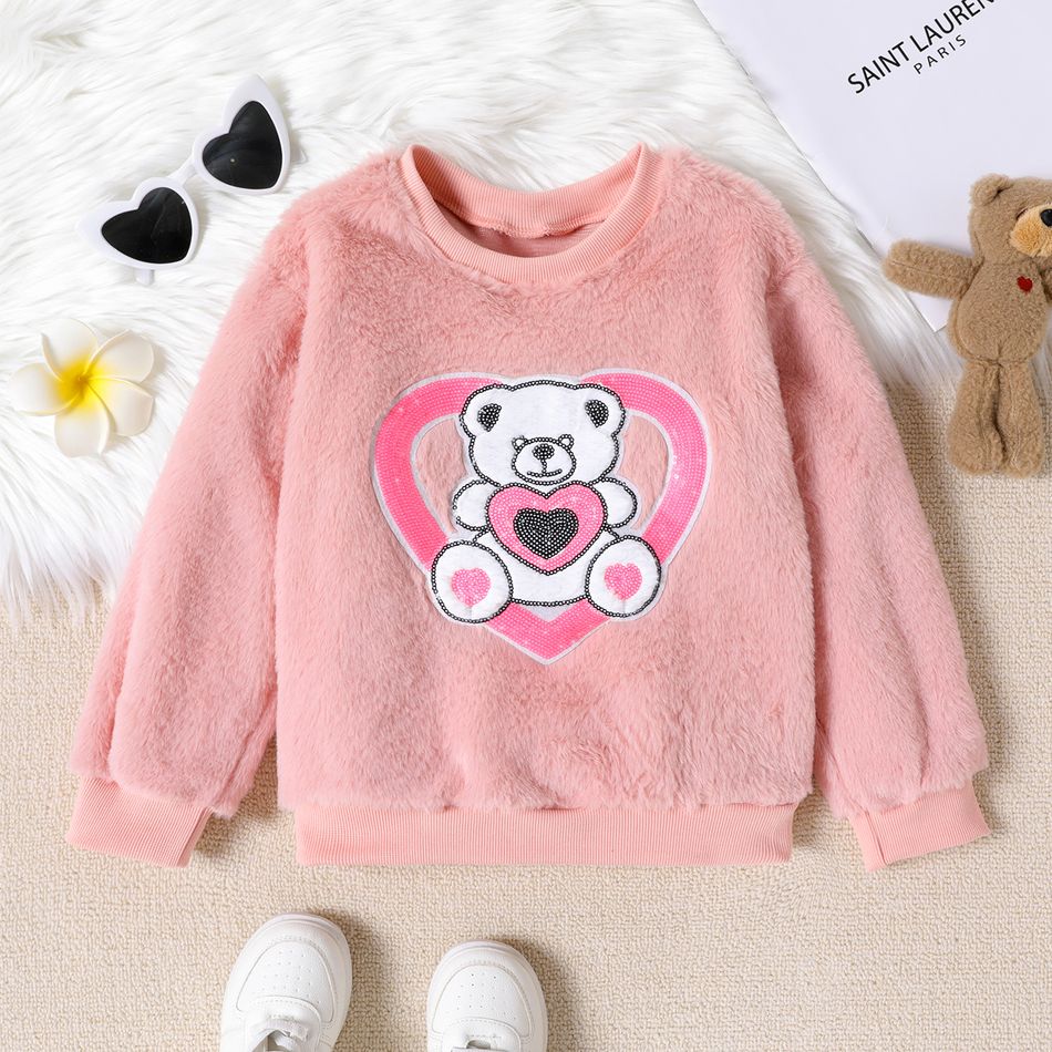 Kid Girl Bear Embroidered Sequined Fuzzy Fleece Sweatshirt Dark Pink