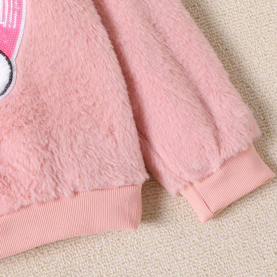 Kid Girl Bear Embroidered Sequined Fuzzy Fleece Sweatshirt Dark Pink big image 5