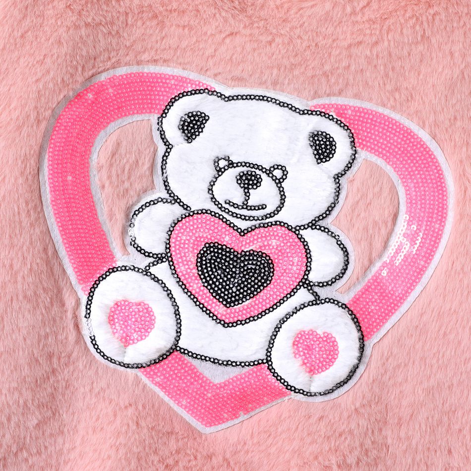 Kid Girl Bear Embroidered Sequined Fuzzy Fleece Sweatshirt Dark Pink big image 3