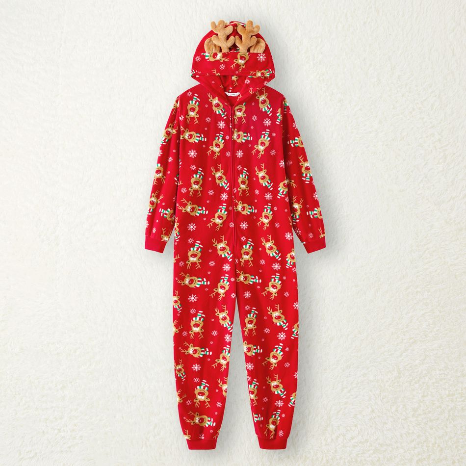 Christmas Family Matching Allover Deer Print 3D Antler Hooded Long-sleeve Red Thickened Polar Fleece Onesies Pajamas (Flame Resistant) Red-2 big image 10