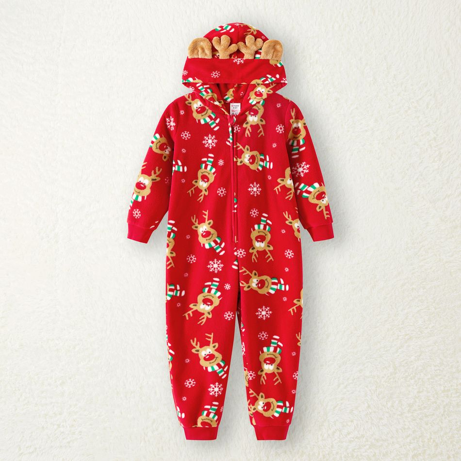 Christmas Family Matching Allover Deer Print 3D Antler Hooded Long-sleeve Red Thickened Polar Fleece Onesies Pajamas (Flame Resistant) Red-2 big image 11