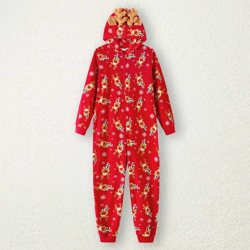 Christmas Family Matching Allover Deer Print 3D Antler Hooded Long-sleeve Red Thickened Polar Fleece Onesies Pajamas (Flame Resistant) Red-2 big image 6