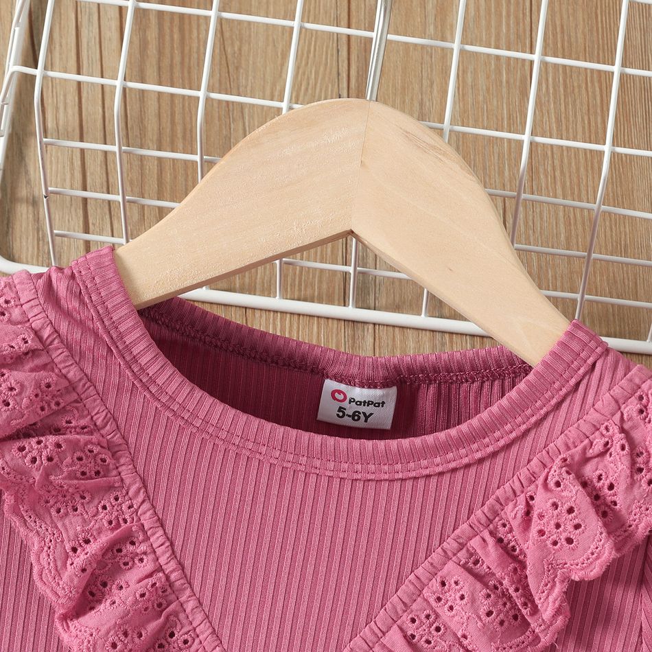 Kinder Mädchen Rüschenrand Unifarben Langärmelig T-Shirts rosig big image 2