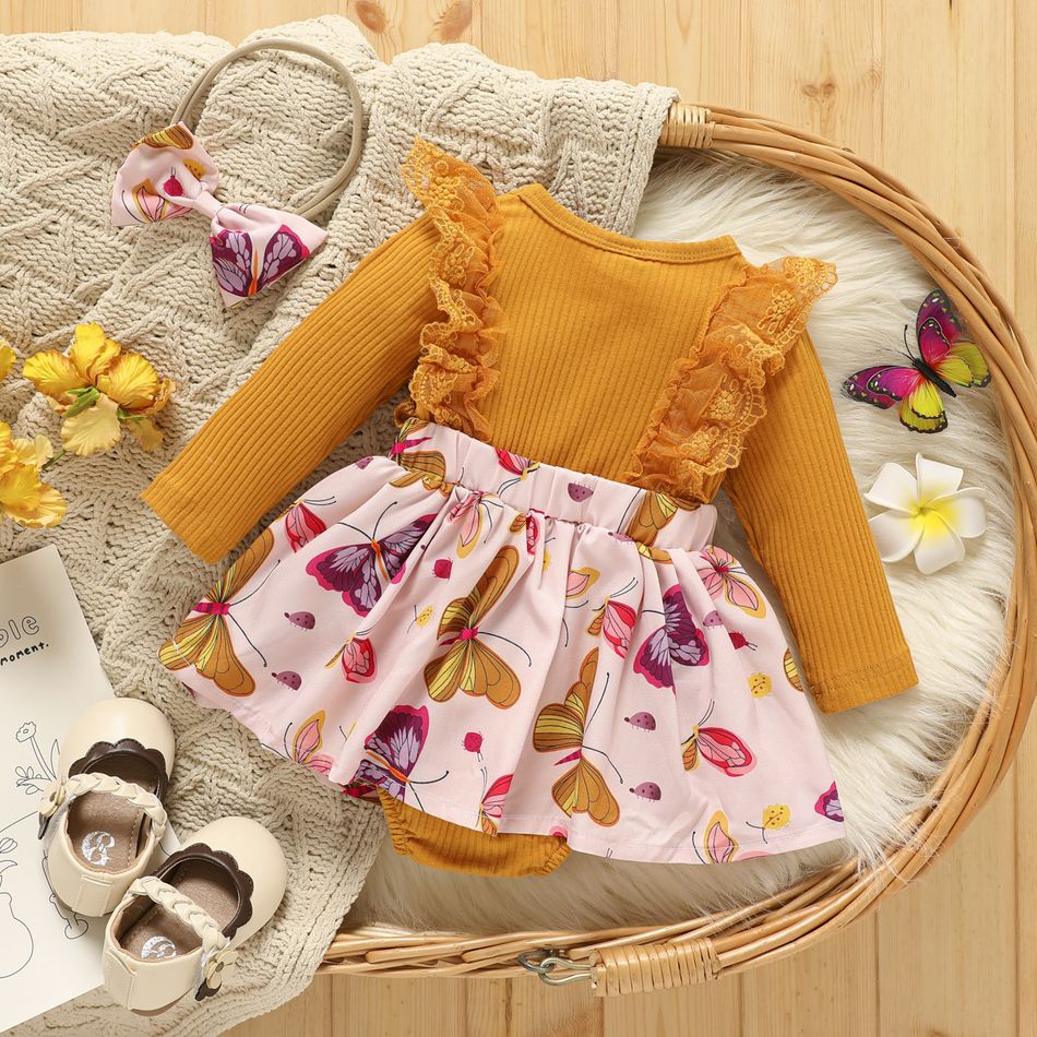 2pcs Baby Girl Lace Ruffle Trim Bow Front Long-sleeve Rib Knit Spliced Butterfly Print Romper Dress with Headband Set Ginger big image 2