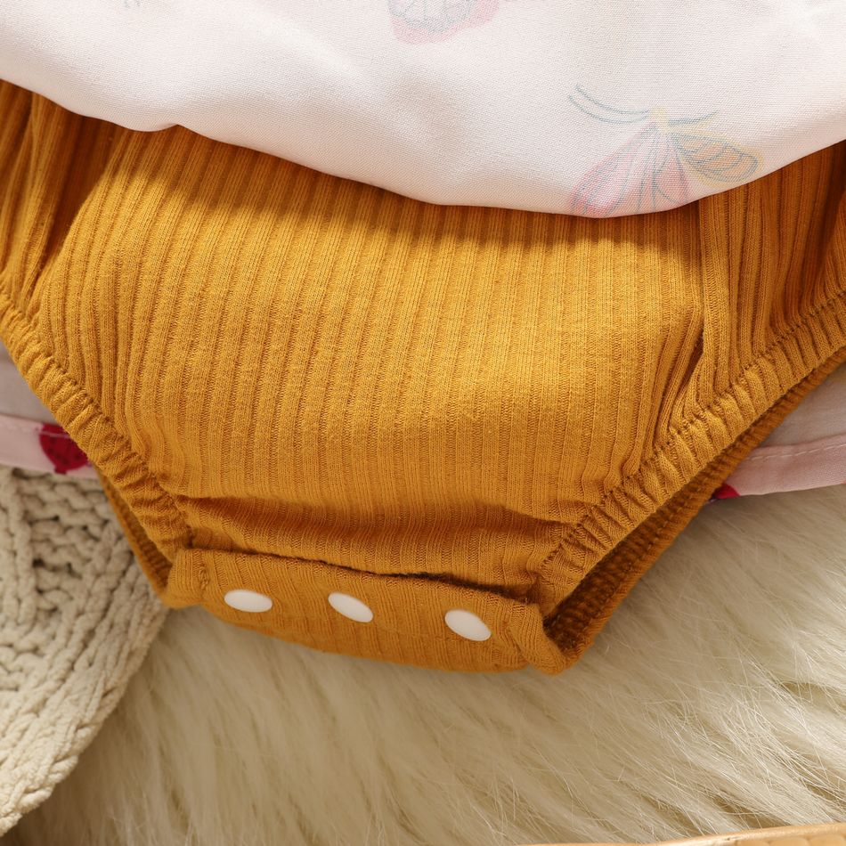 2pcs Baby Girl Lace Ruffle Trim Bow Front Long-sleeve Rib Knit Spliced Butterfly Print Romper Dress with Headband Set Ginger big image 4