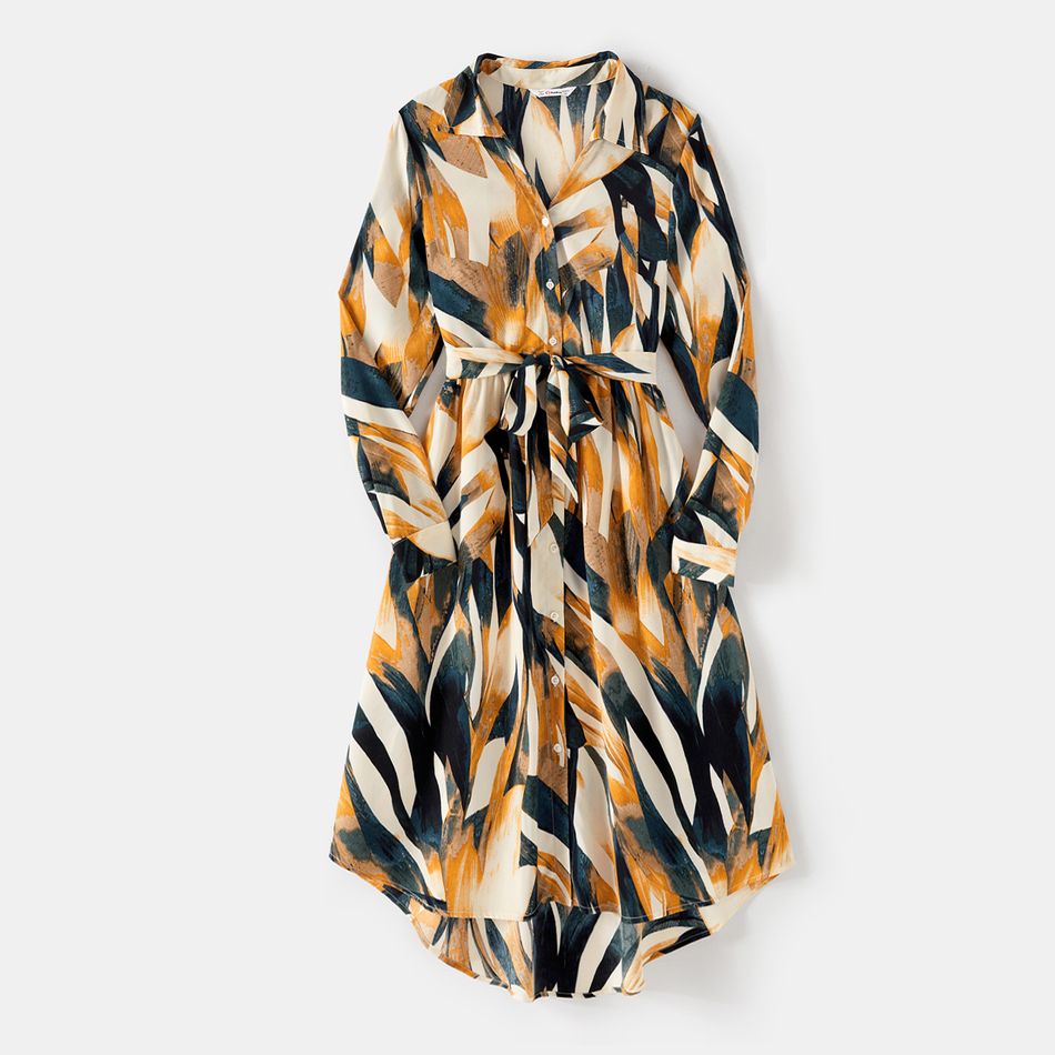 Mommy and Me Allover Print V Neck Button Belted Long-sleeve Midi Dresses DarkOrange big image 2