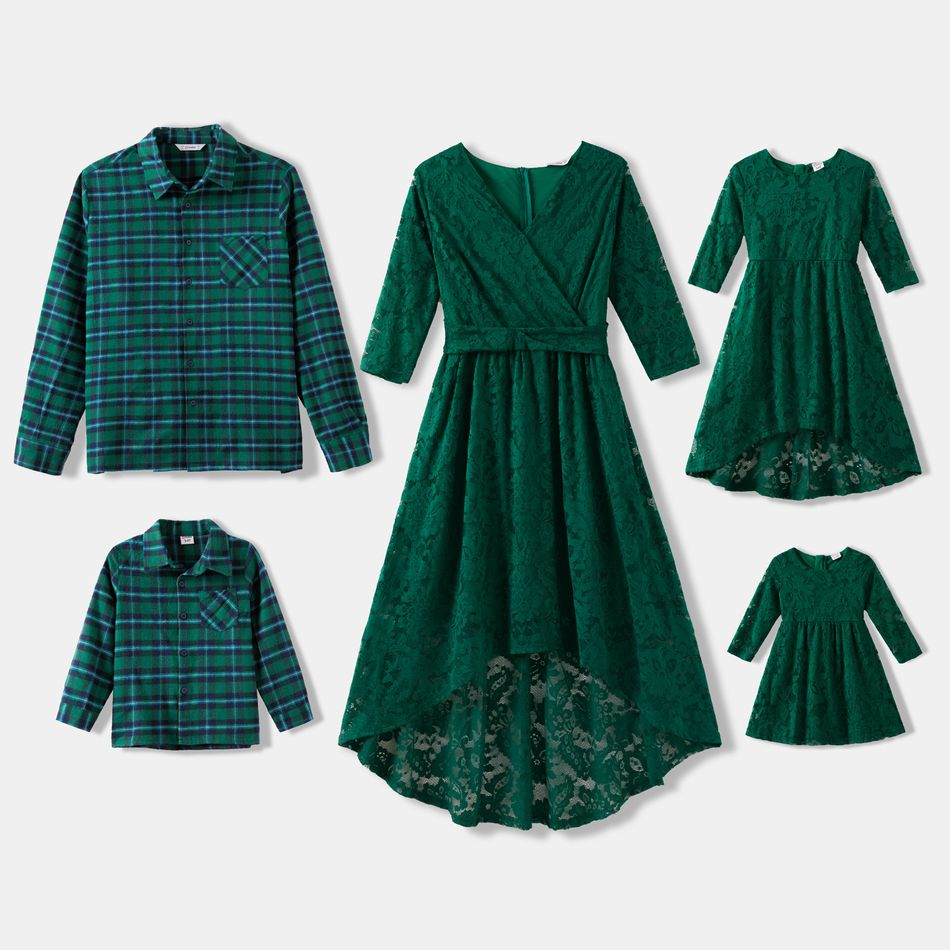 Family Matching Dark Green Lace 3/4 Sleeve Irregular Hem Dresses and Plaid Shirts Sets Green big image 1