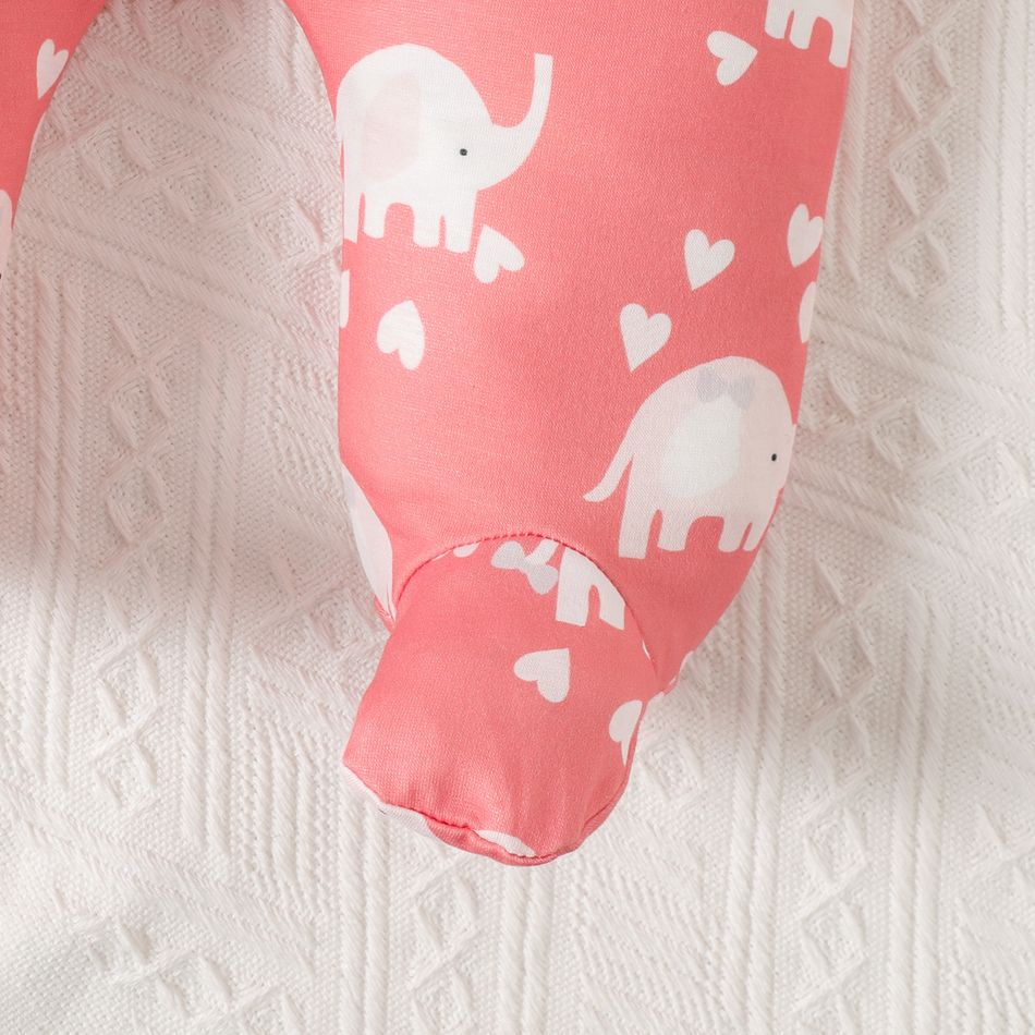 2pcs Baby Girl Allover Elephant Print Long-sleeve Footed Zipper Jumpsuit & Hat Set Pink big image 4