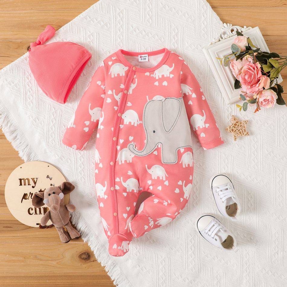 2pcs Baby Girl Allover Elephant Print Long-sleeve Footed Zipper Jumpsuit & Hat Set Pink big image 1