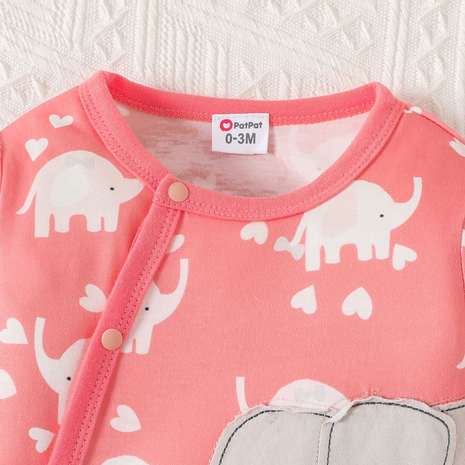 2pcs Baby Girl Allover Elephant Print Long-sleeve Footed Zipper Jumpsuit & Hat Set Pink big image 3