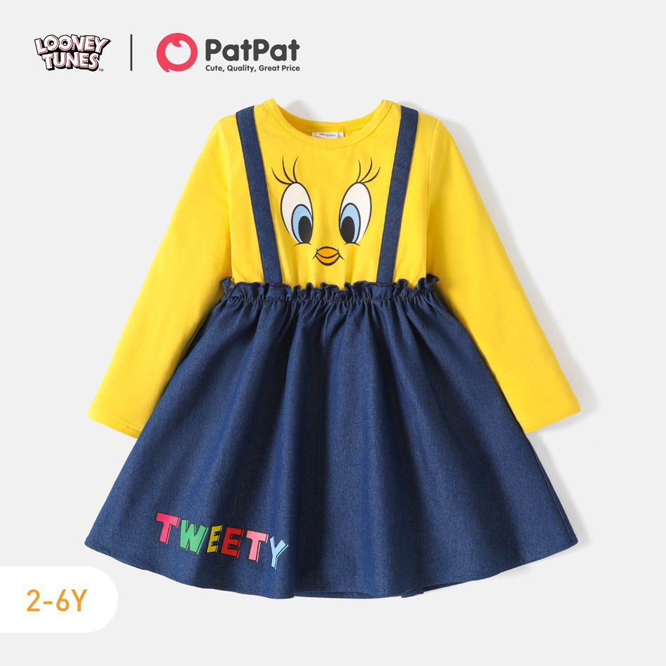 Looney Tunes Toddlre Girl Faux-two Denim Splice Long-sleeve Cotton Dress ColorBlock