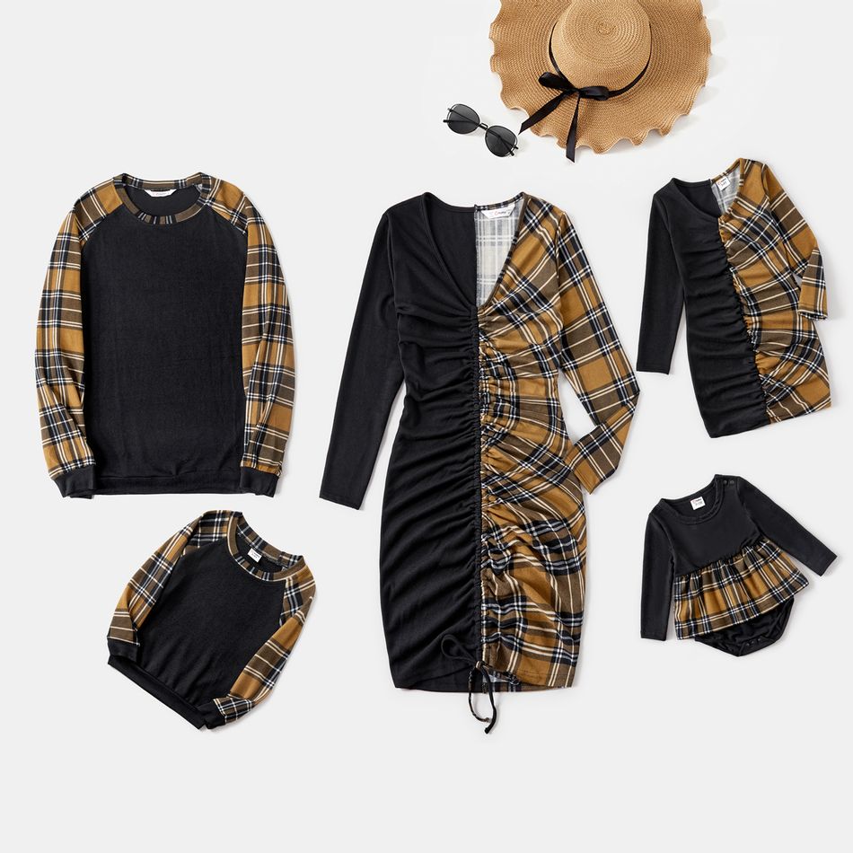 Family Matching Black Spliced Plaid V Neck Drawstring Ruched Bodycon Dresses and Raglan-sleeve Sweatshirts Sets Color block