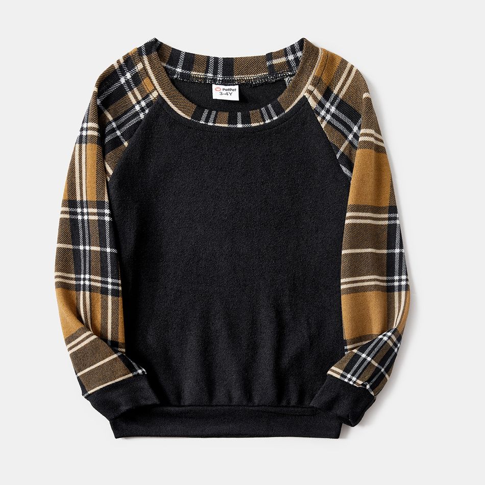 Family Matching Black Spliced Plaid V Neck Drawstring Ruched Bodycon Dresses and Raglan-sleeve Sweatshirts Sets Color block big image 14