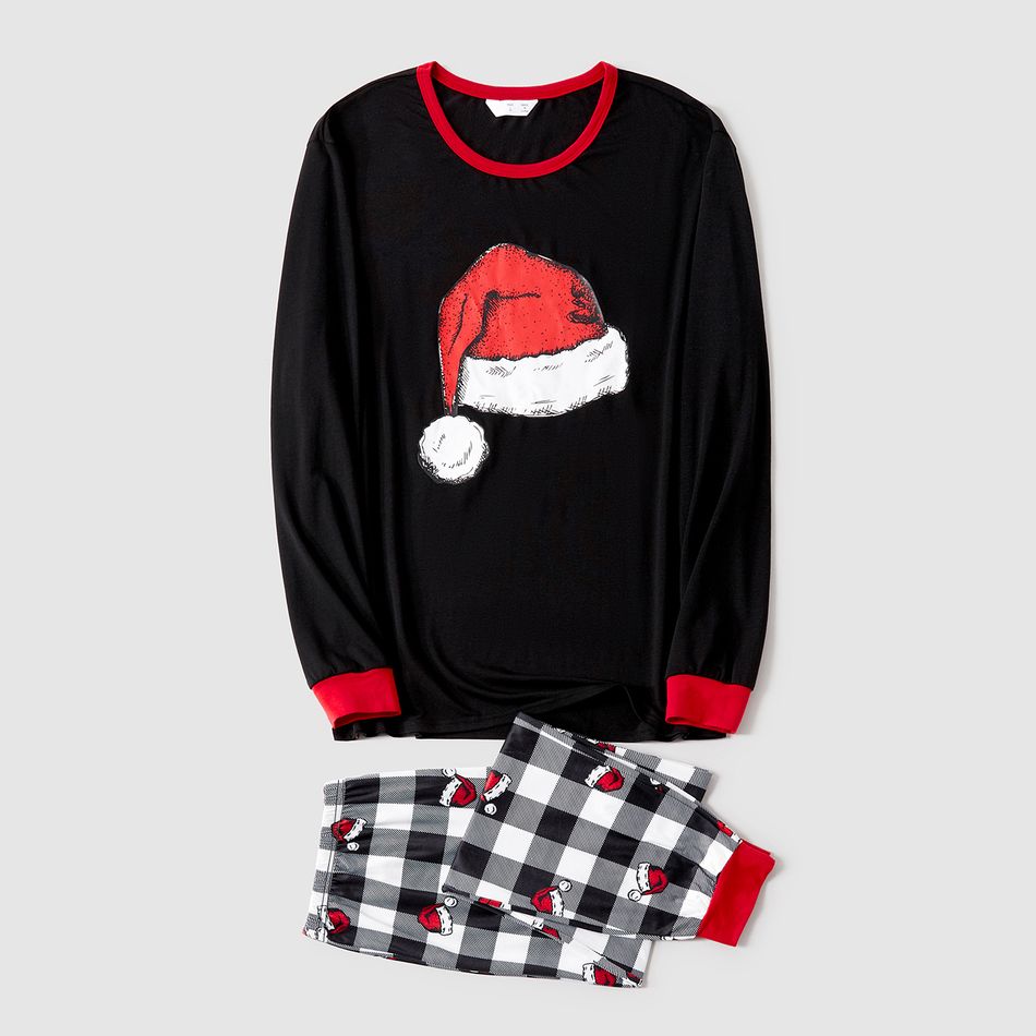 Christmas Family Matching Xmas Hat Print Black Long-sleeve Plaid Pajamas Sets (Flame Resistant) Black big image 3
