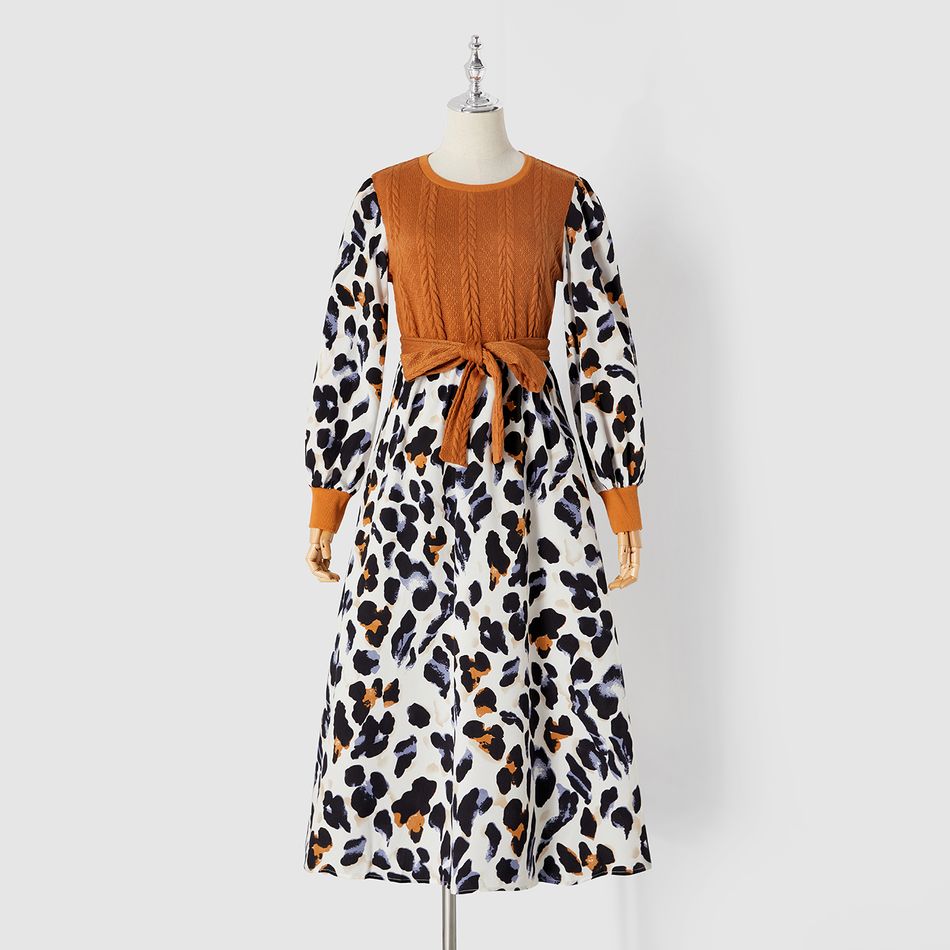 Family Matching Leopard Print Spliced Cable Knit Belted Midi Dresses and Long-sleeve Colorblock Sweatshirts Sets Khaki big image 2
