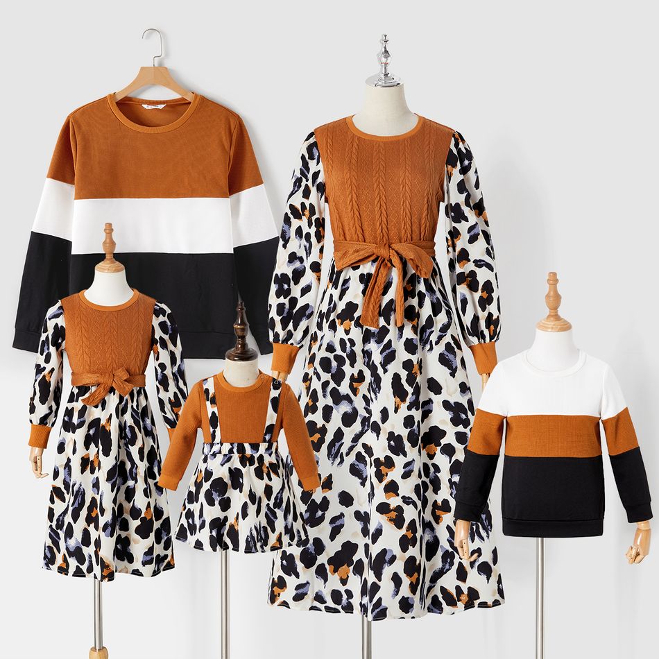 Family Matching Leopard Print Spliced Cable Knit Belted Midi Dresses and Long-sleeve Colorblock Sweatshirts Sets Khaki big image 1