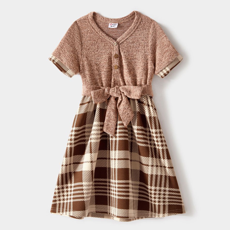 Family Matching Knitted Spliced Plaid Dresses and Short-sleeve Button Front Polo Shirts Sets Brown big image 9