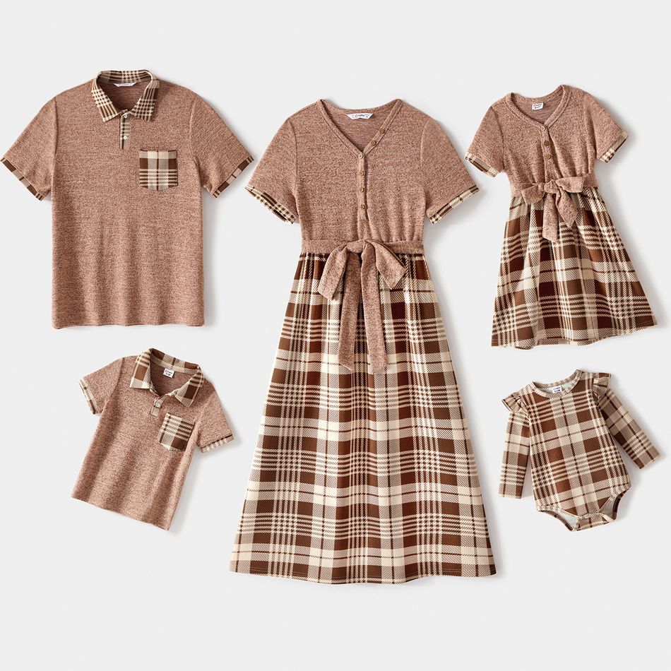 Family Matching Knitted Spliced Plaid Dresses and Short-sleeve Button Front Polo Shirts Sets Brown big image 1