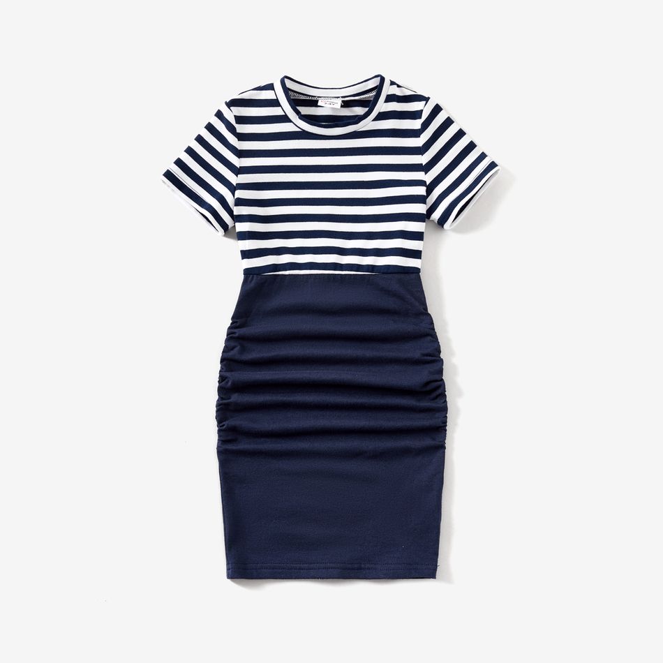Family Matching 95% Cotton Short-sleeve Striped Spliced Ruched Bodycon Dresses and T-shirts Sets Tibetanbluewhite big image 4
