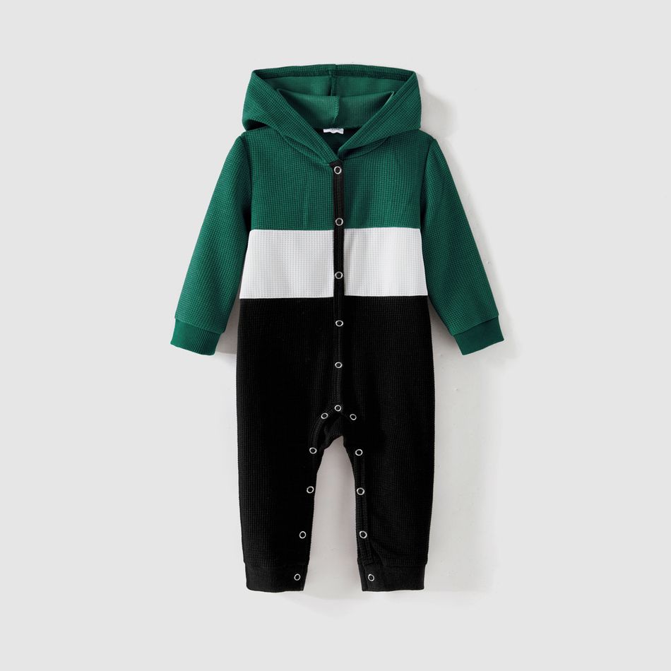 Family Matching Ribbed Striped Spliced Belted Dresses and Long-sleeve Colorblock Waffle Hoodies Sets blackishgreen big image 12