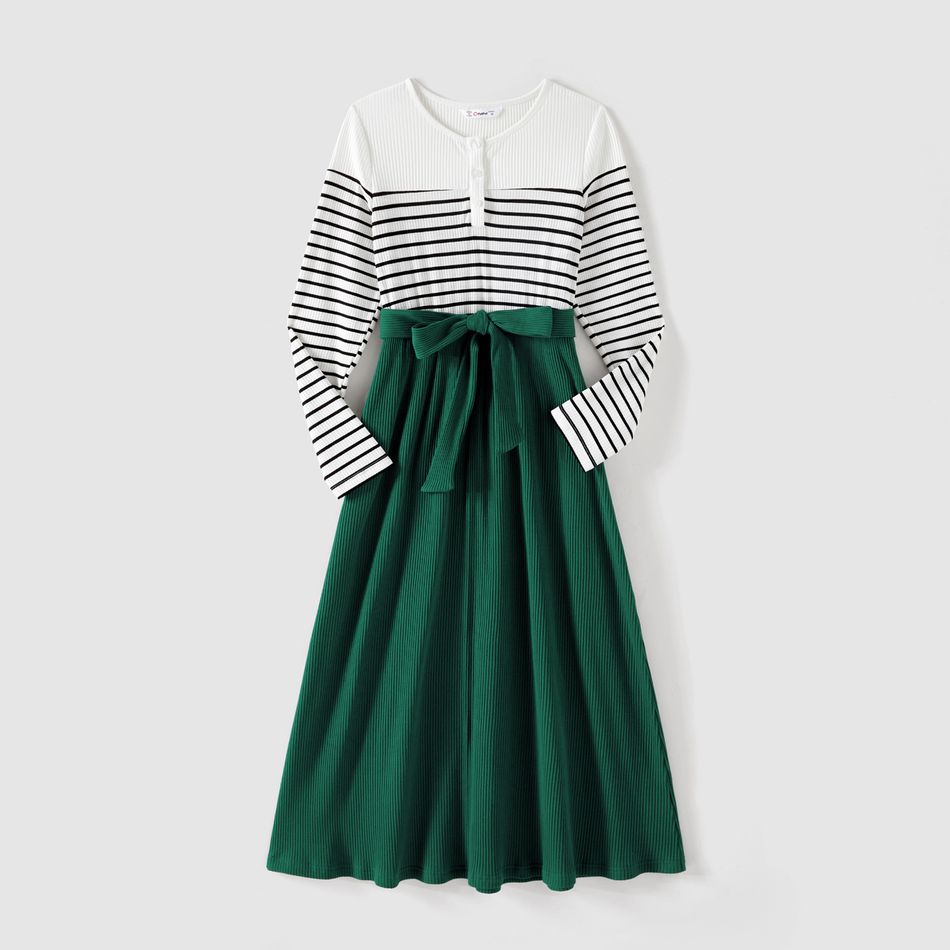 Family Matching Ribbed Striped Spliced Belted Dresses and Long-sleeve Colorblock Waffle Hoodies Sets blackishgreen big image 2