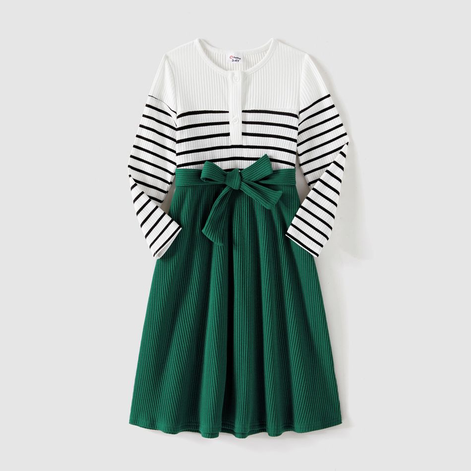 Family Matching Ribbed Striped Spliced Belted Dresses and Long-sleeve Colorblock Waffle Hoodies Sets blackishgreen big image 3