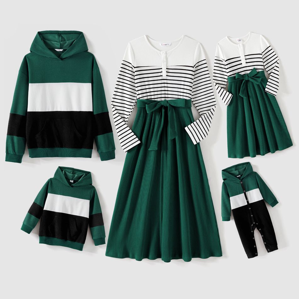 Family Matching Ribbed Striped Spliced Belted Dresses and Long-sleeve Colorblock Waffle Hoodies Sets blackishgreen