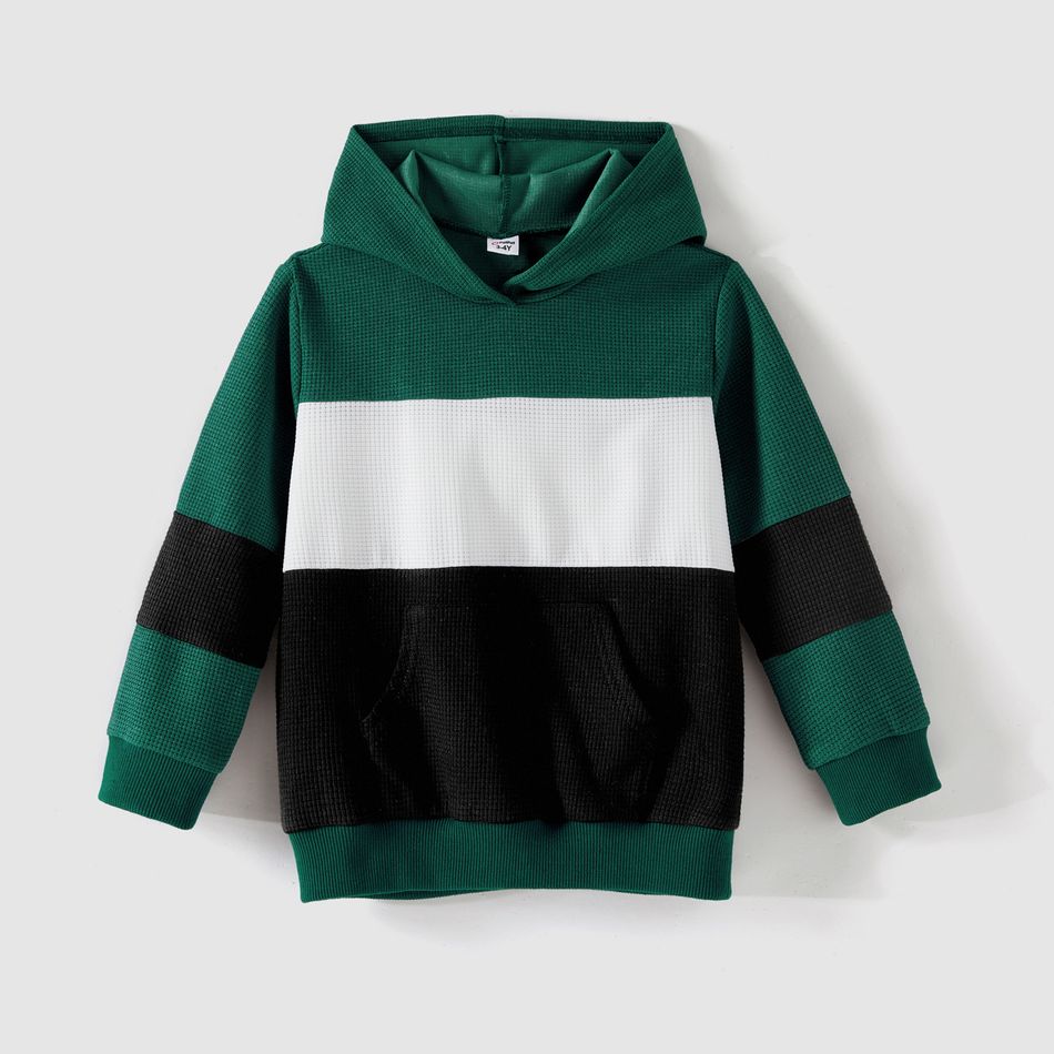 Family Matching Ribbed Striped Spliced Belted Dresses and Long-sleeve Colorblock Waffle Hoodies Sets blackishgreen big image 11