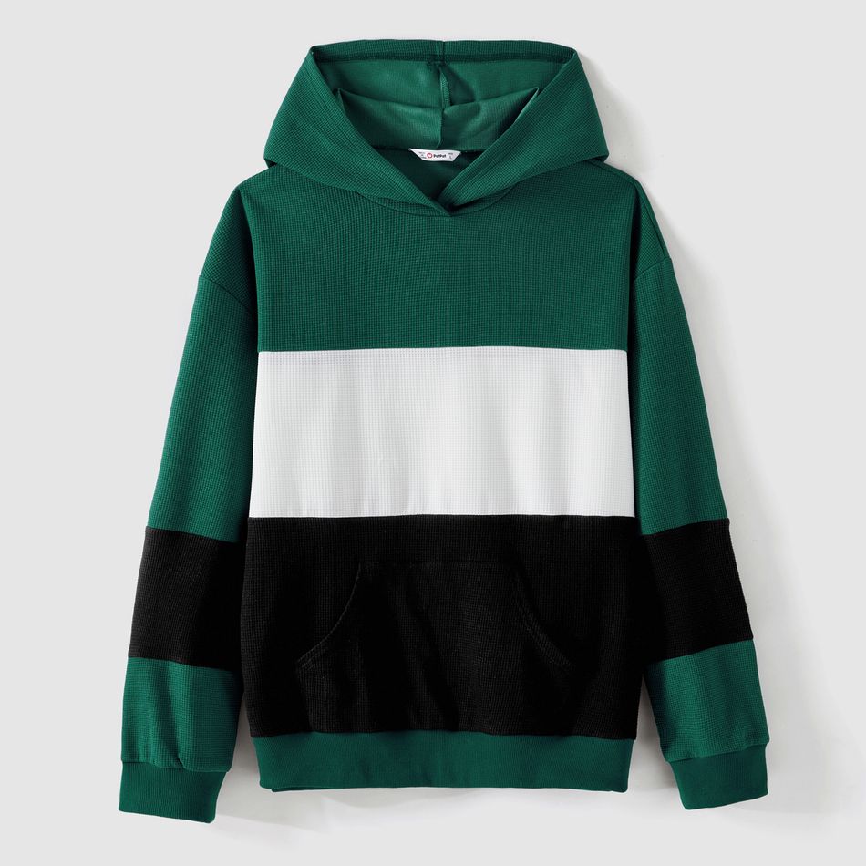 Family Matching Ribbed Striped Spliced Belted Dresses and Long-sleeve Colorblock Waffle Hoodies Sets blackishgreen big image 8