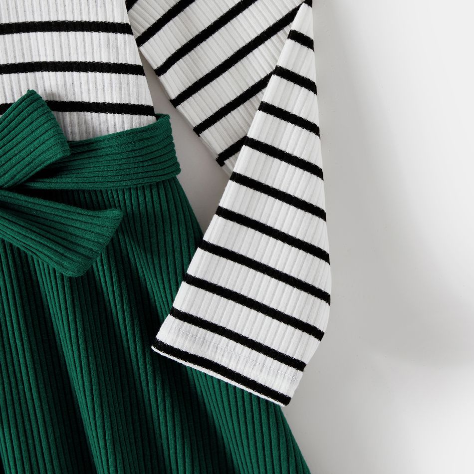 Family Matching Ribbed Striped Spliced Belted Dresses and Long-sleeve Colorblock Waffle Hoodies Sets blackishgreen big image 5
