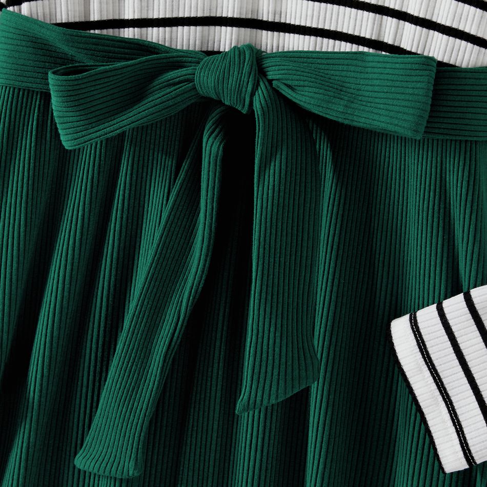 Family Matching Ribbed Striped Spliced Belted Dresses and Long-sleeve Colorblock Waffle Hoodies Sets blackishgreen big image 6