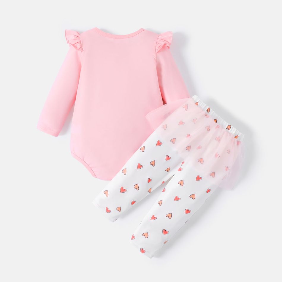 Care Bears 2pcs Baby Girl Bear Graphic Pink Ruffle Long-sleeve Romper and Allover Heart Print Mesh Pants Set PinkyWhite big image 2